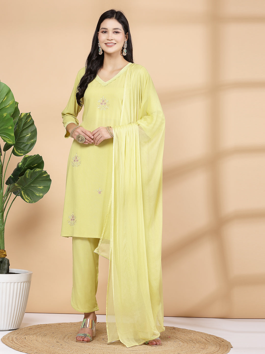 Solid Straight Kurta And Palazzo Set With Dupatta