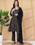 Floral Printed Regular Thread Work Kurta With Trouser & Dupatta