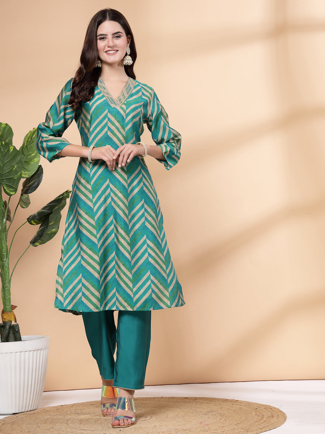 Printed Modal Chanderi Kurta With Embroidery And Solid Palazzo