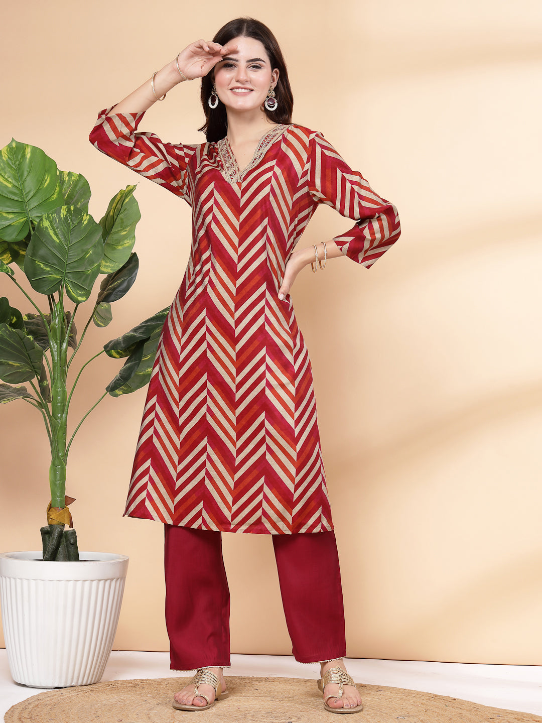 Printed Modal Chanderi Kurta With Embroidery And Solid Palazzo