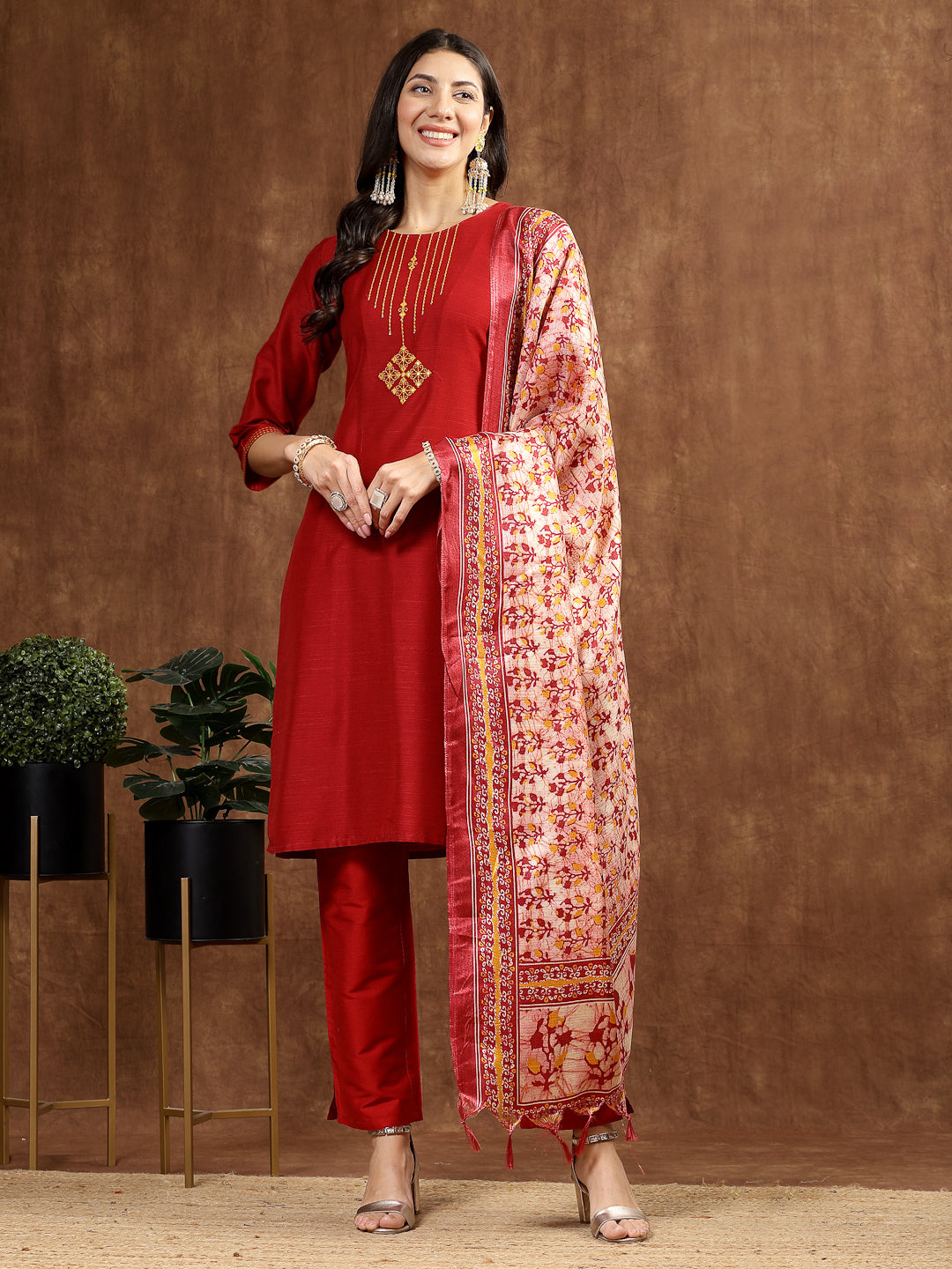 Women&#39;S Solid Silk Kurta And Palazzo Set With Dupatta