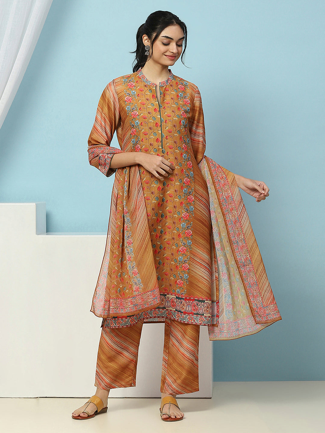 Floral Printed Silk Kurta Set with Sewroskie Work &amp; Printed Dupatta
