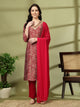 Batik Printed Straight Modal Chanderi Kurta Set with Zari Embroidery & Laced Dupatta