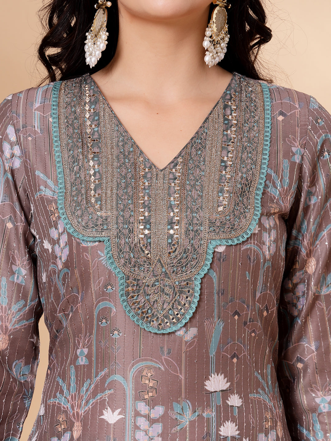 Abstract Printed Straight Poly Muslin Kurta Set with Zari Embroidery and Chiffon Dupatta