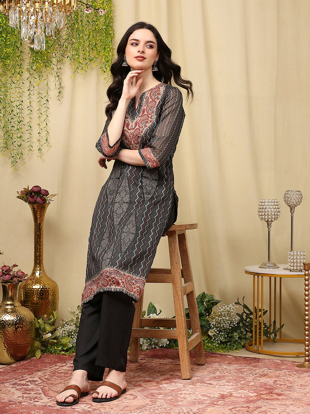 Chanderi Chevron Kurta Set with Swarovski Detailing &amp; Dupatta