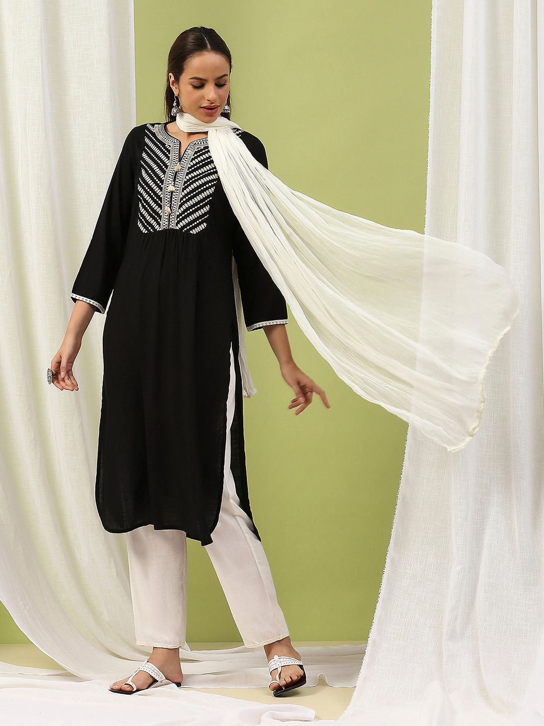 Viscose Rayon A-Line Kurta Set with Embroidery &amp; Laced Dupatta