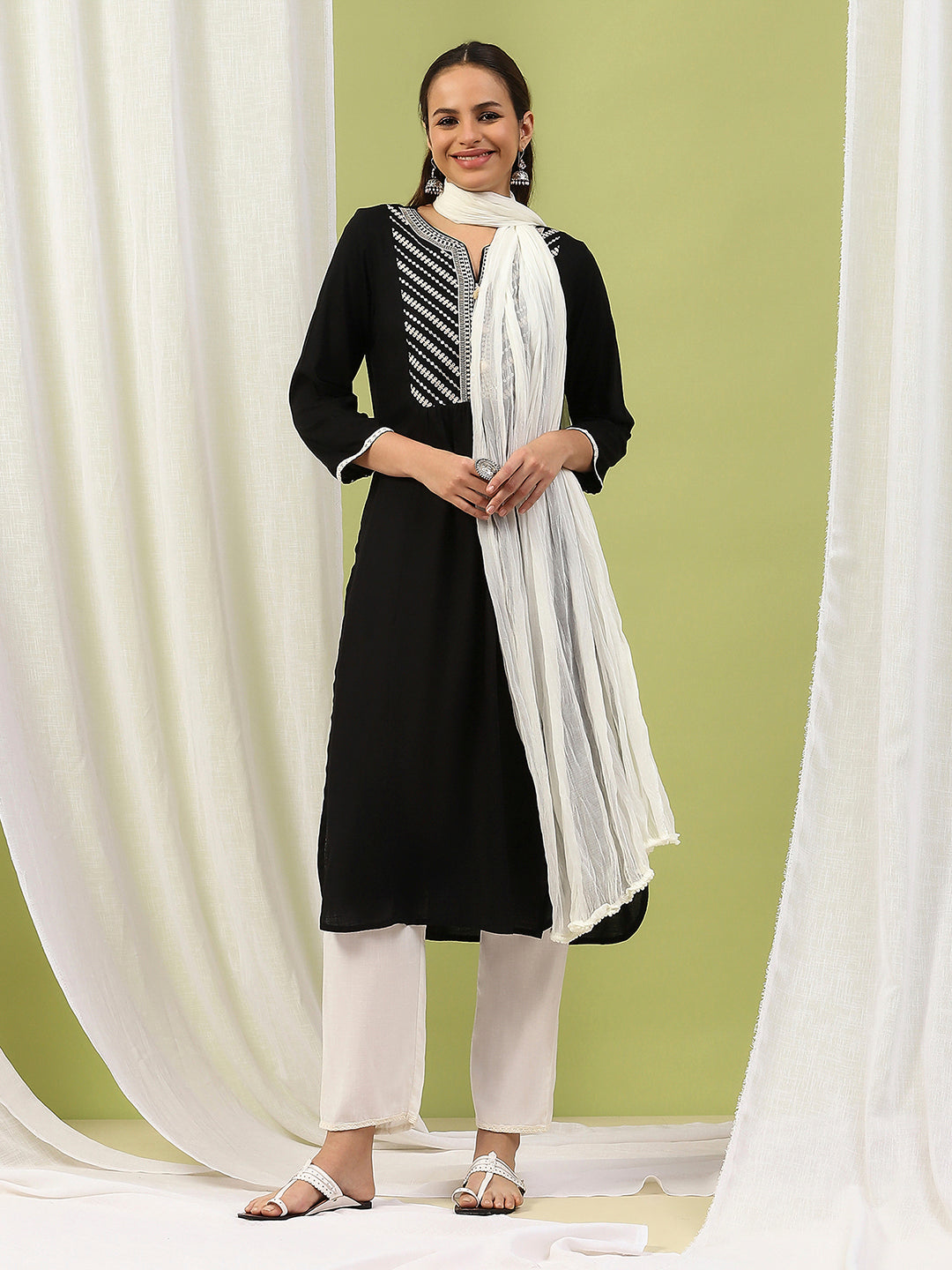 Viscose Rayon A-Line Kurta Set with Embroidery &amp; Laced Dupatta