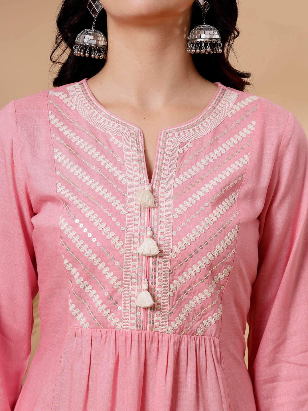 Embroidered Viscose Rayon Kurta Set with Lace Palazzo &amp; Dupatta