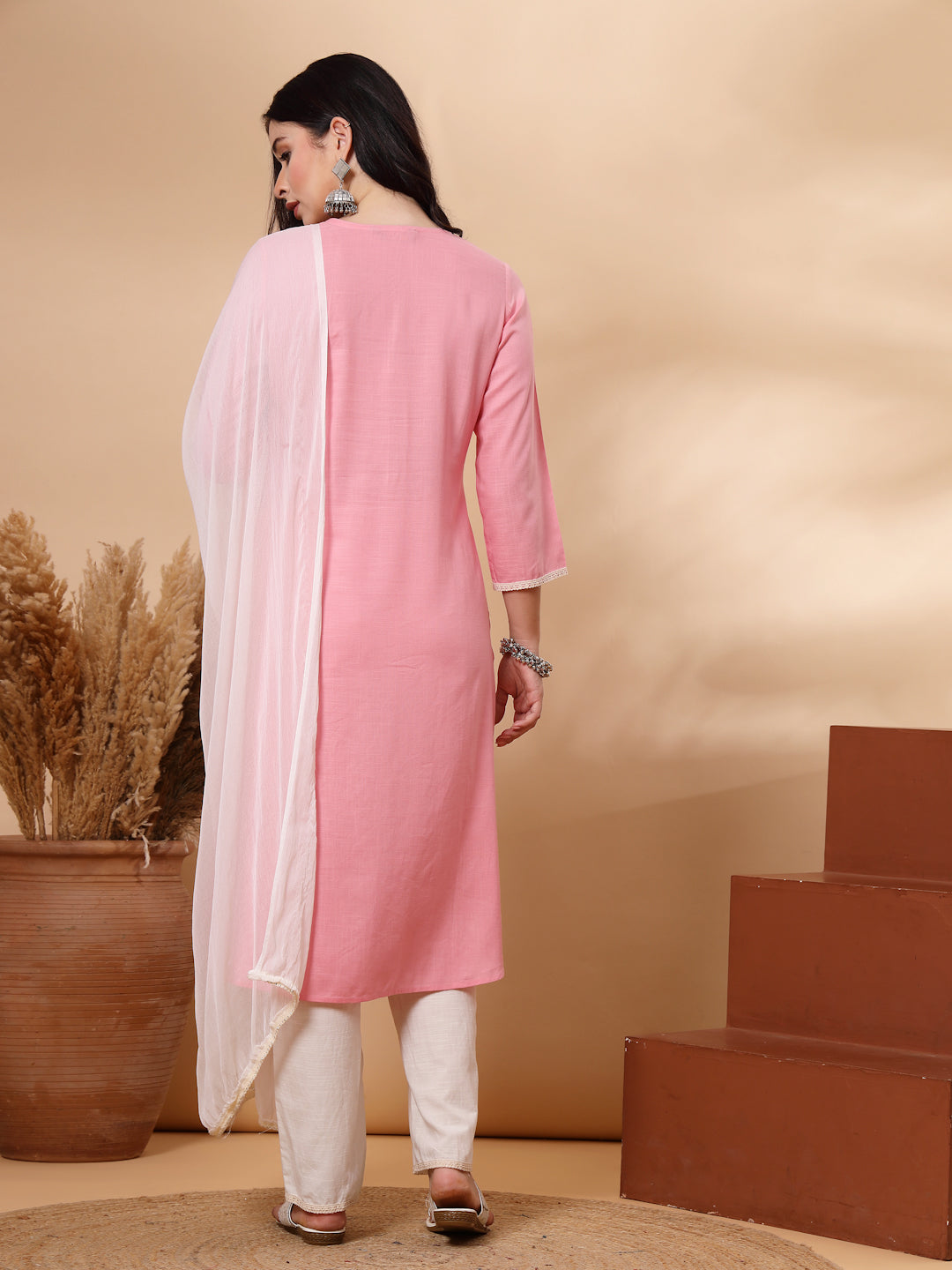Embroidered Viscose Rayon Kurta Set with Lace Palazzo &amp; Dupatta