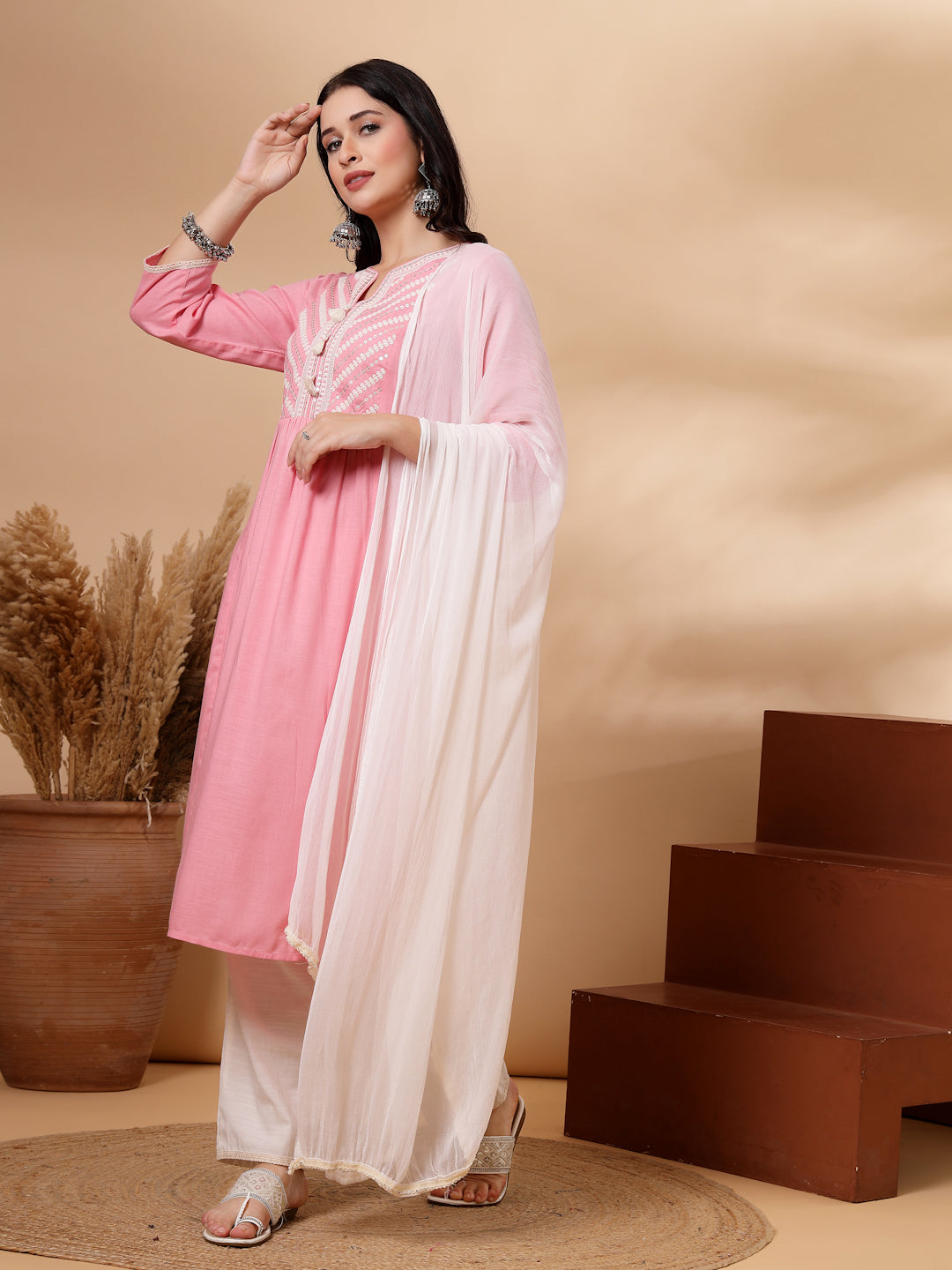 Embroidered Viscose Rayon Kurta Set with Lace Palazzo &amp; Dupatta