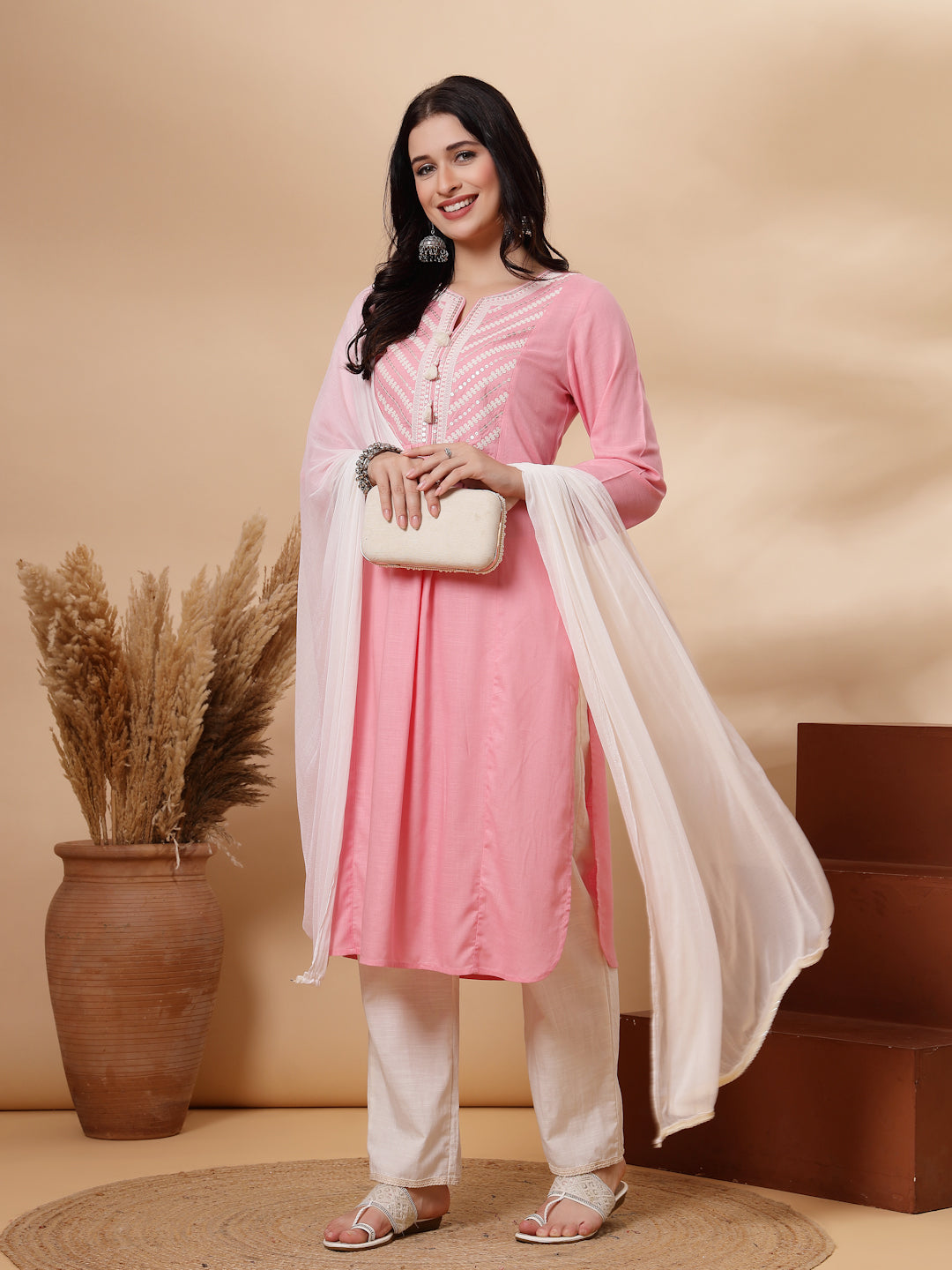 Embroidered Viscose Rayon Kurta Set with Lace Palazzo &amp; Dupatta