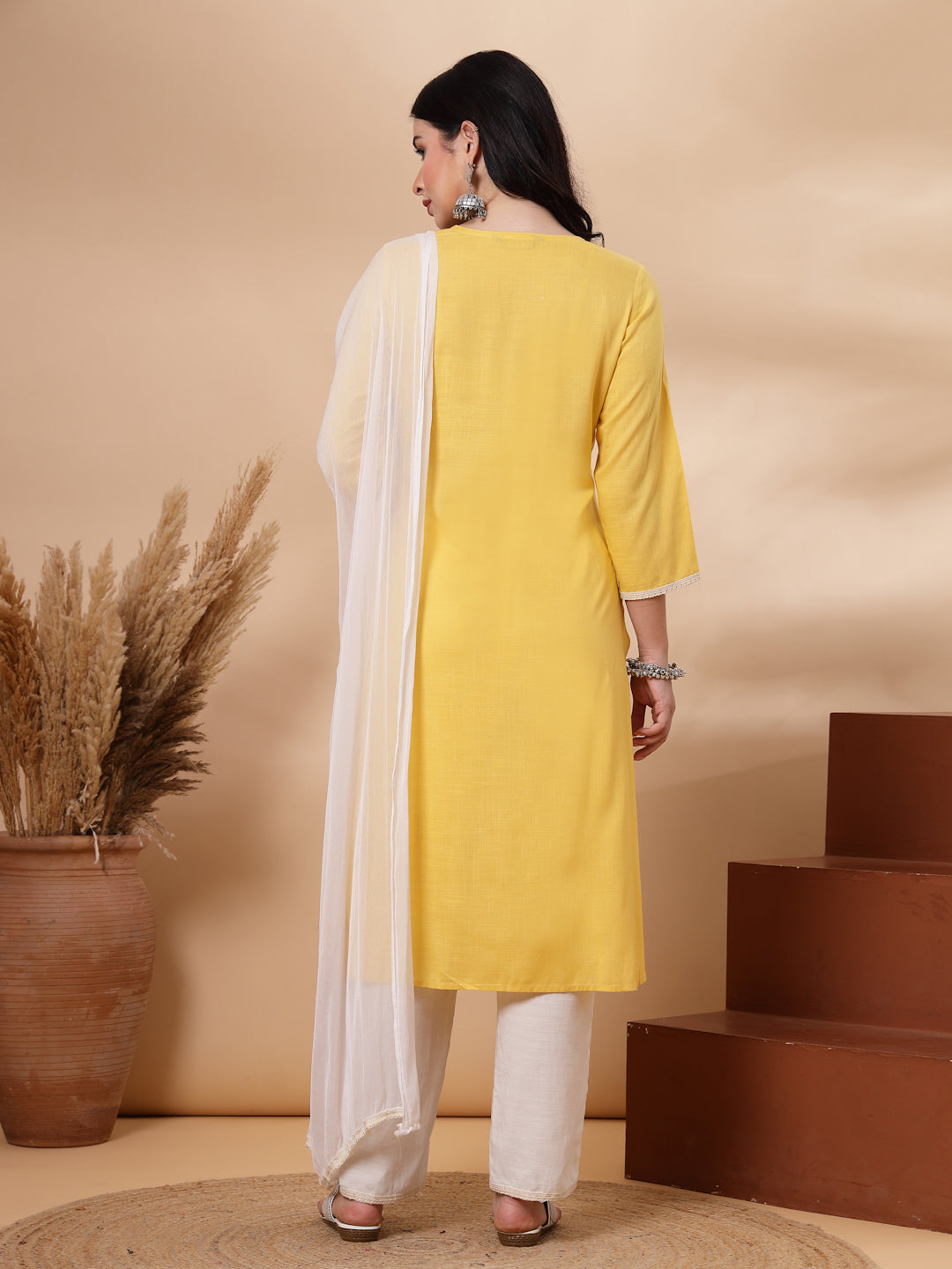 Embroidered Viscose Rayon Kurta Set with Lace Palazzo &amp; Dupatta