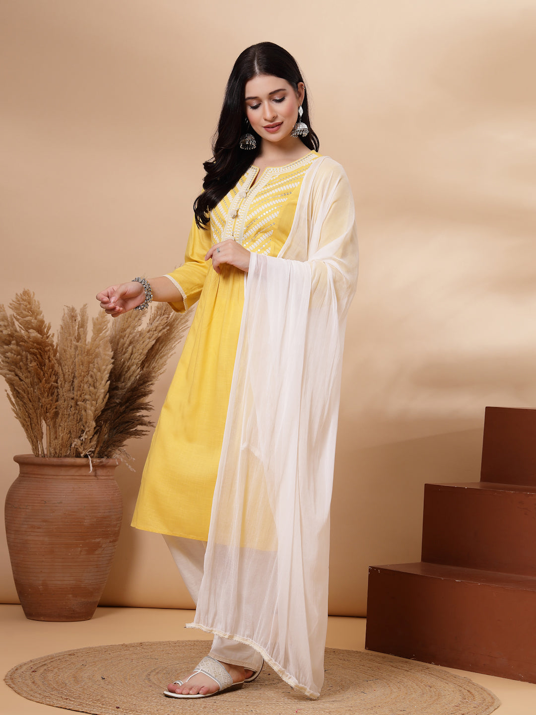 Embroidered Viscose Rayon Kurta Set with Lace Palazzo &amp; Dupatta