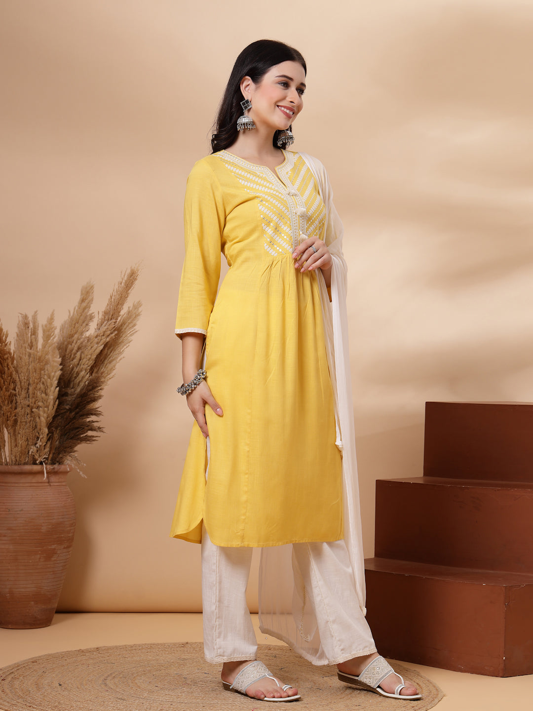 Embroidered Viscose Rayon Kurta Set with Lace Palazzo &amp; Dupatta