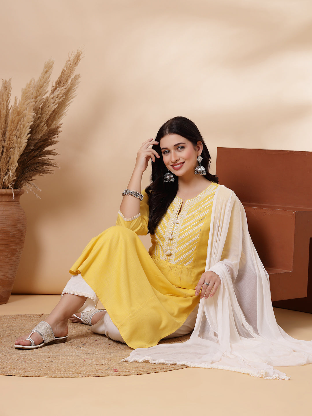 Embroidered Viscose Rayon Kurta Set with Lace Palazzo &amp; Dupatta