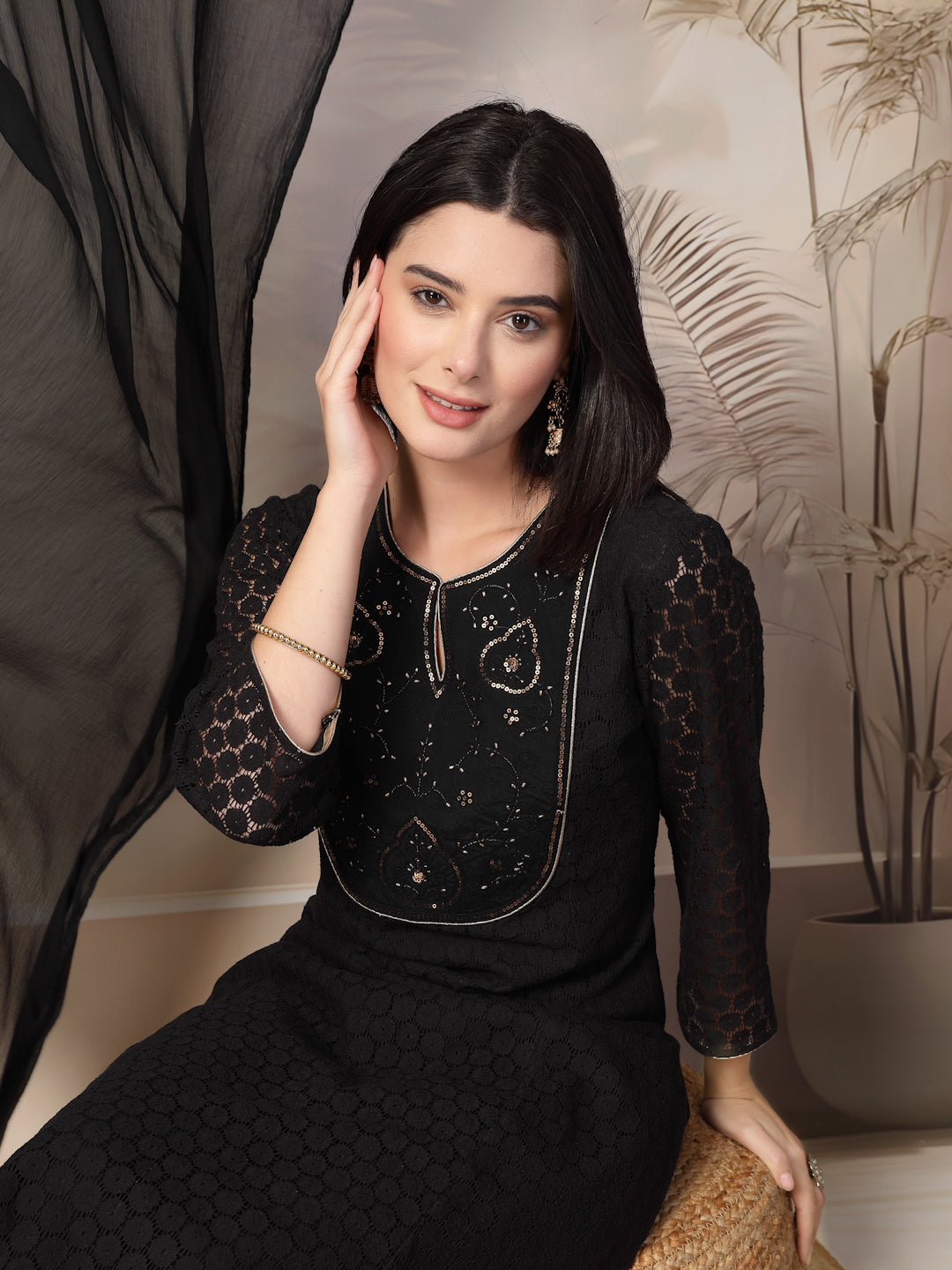 Schiffli Cotton Kurta Set with Sequin Embroidery, Palazzo &amp; Lace Dupatta