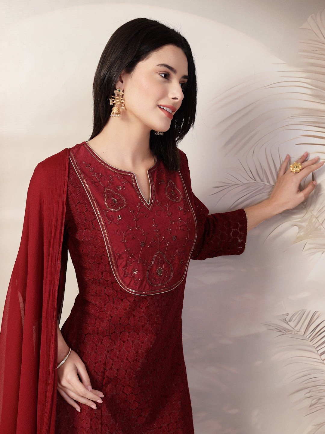 Schiffli Cotton Kurta Set with Sequin Embroidery, Palazzo &amp; Lace Dupatta