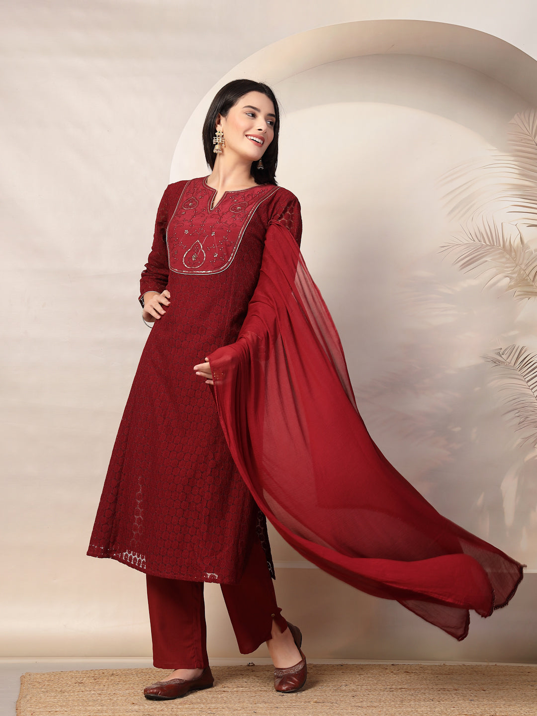 Schiffli Cotton Kurta Set with Sequin Embroidery, Palazzo &amp; Lace Dupatta