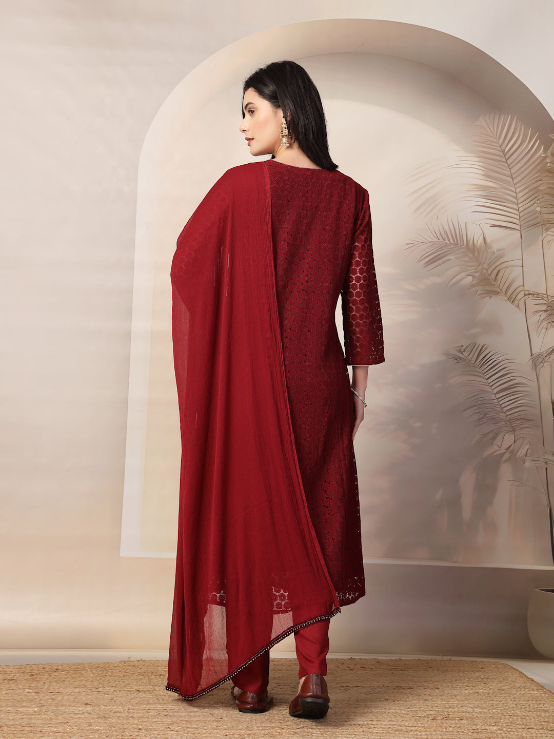 Schiffli Cotton Kurta Set with Sequin Embroidery, Palazzo &amp; Lace Dupatta