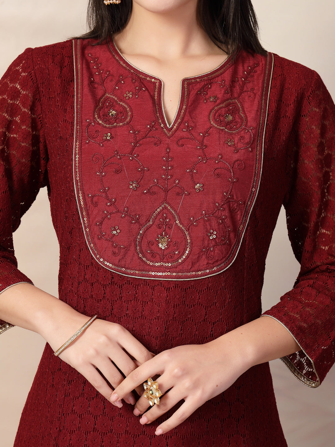Schiffli Cotton Kurta Set with Sequin Embroidery, Palazzo &amp; Lace Dupatta