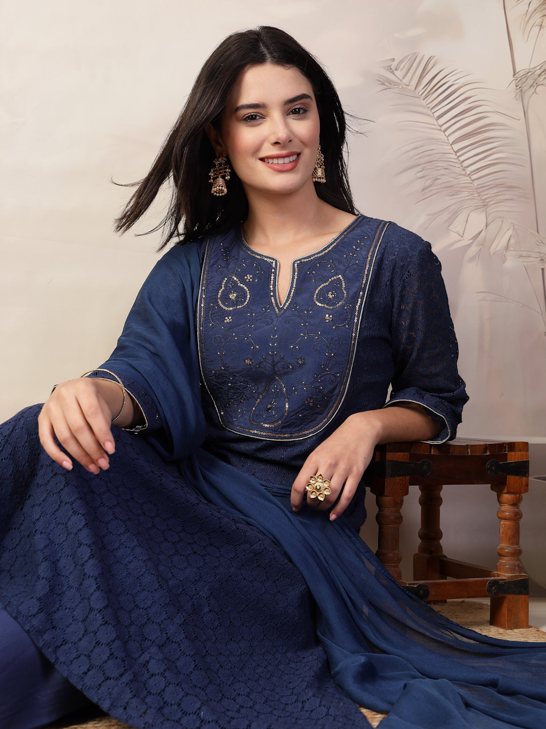 Schiffli Cotton Kurta Set with Sequin Embroidery, Palazzo &amp; Lace Dupatta