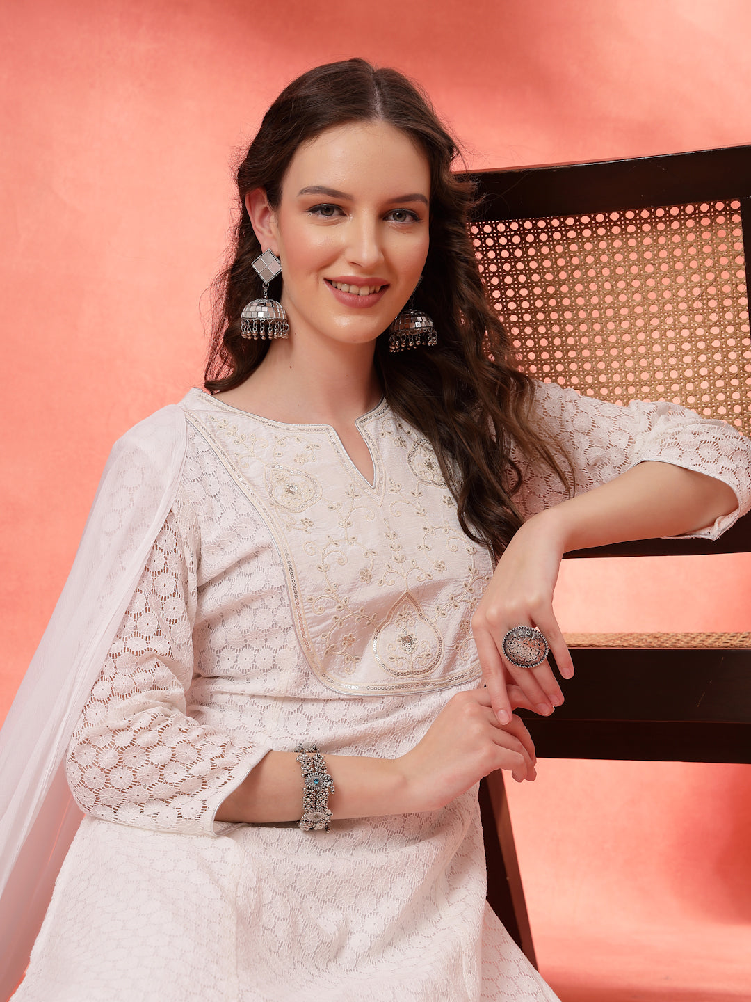Schiffli Cotton Kurta Set with Sequin Embroidery, Palazzo &amp; Lace Dupatta