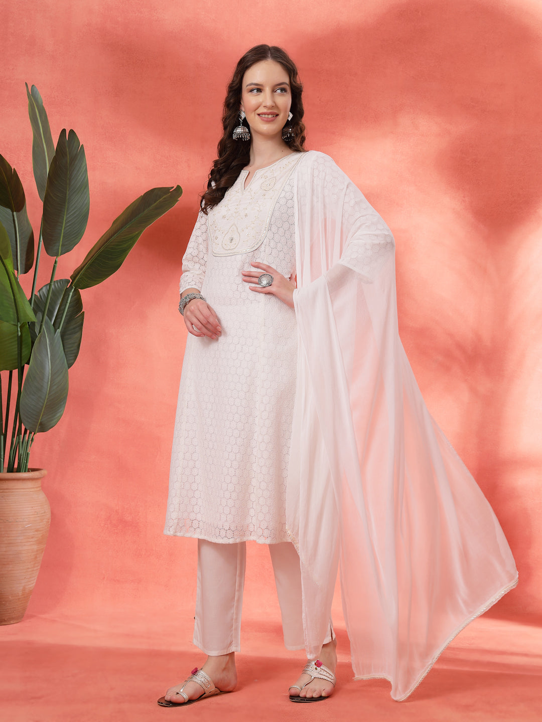 Schiffli Cotton Kurta Set with Sequin Embroidery, Palazzo &amp; Lace Dupatta