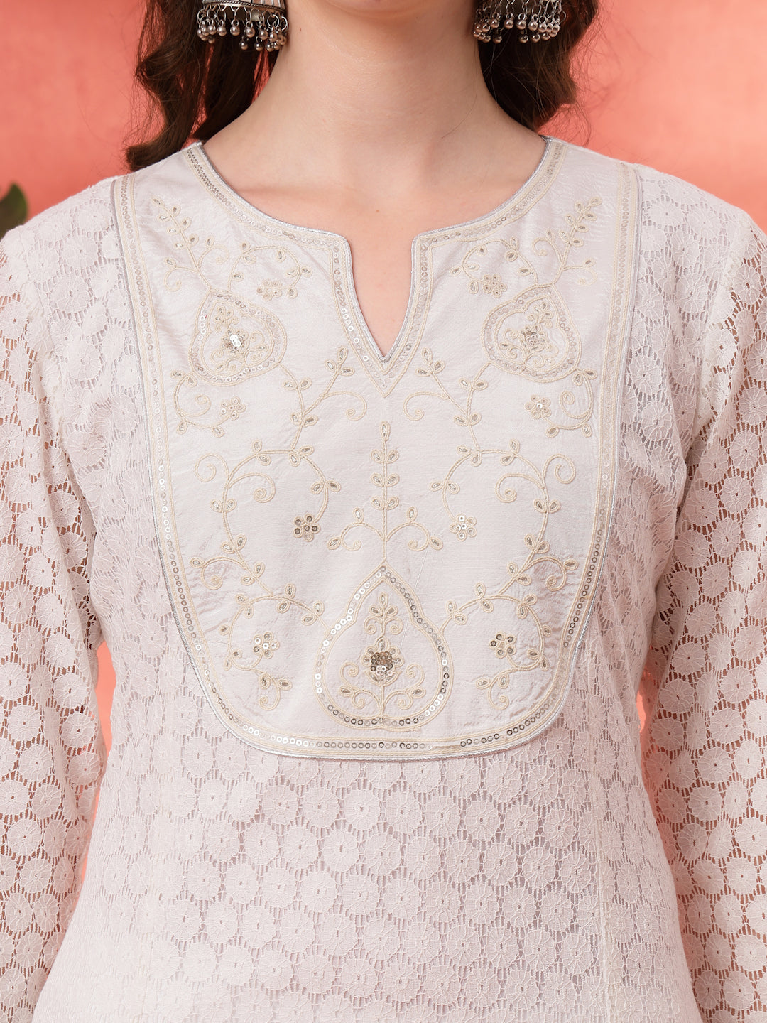 Schiffli Cotton Kurta Set with Sequin Embroidery, Palazzo &amp; Lace Dupatta