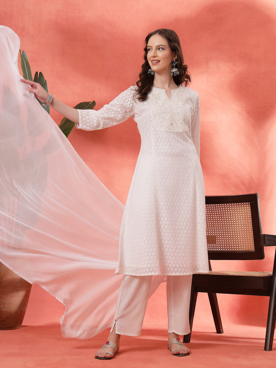 Schiffli Cotton Kurta Set with Sequin Embroidery, Palazzo &amp; Lace Dupatta