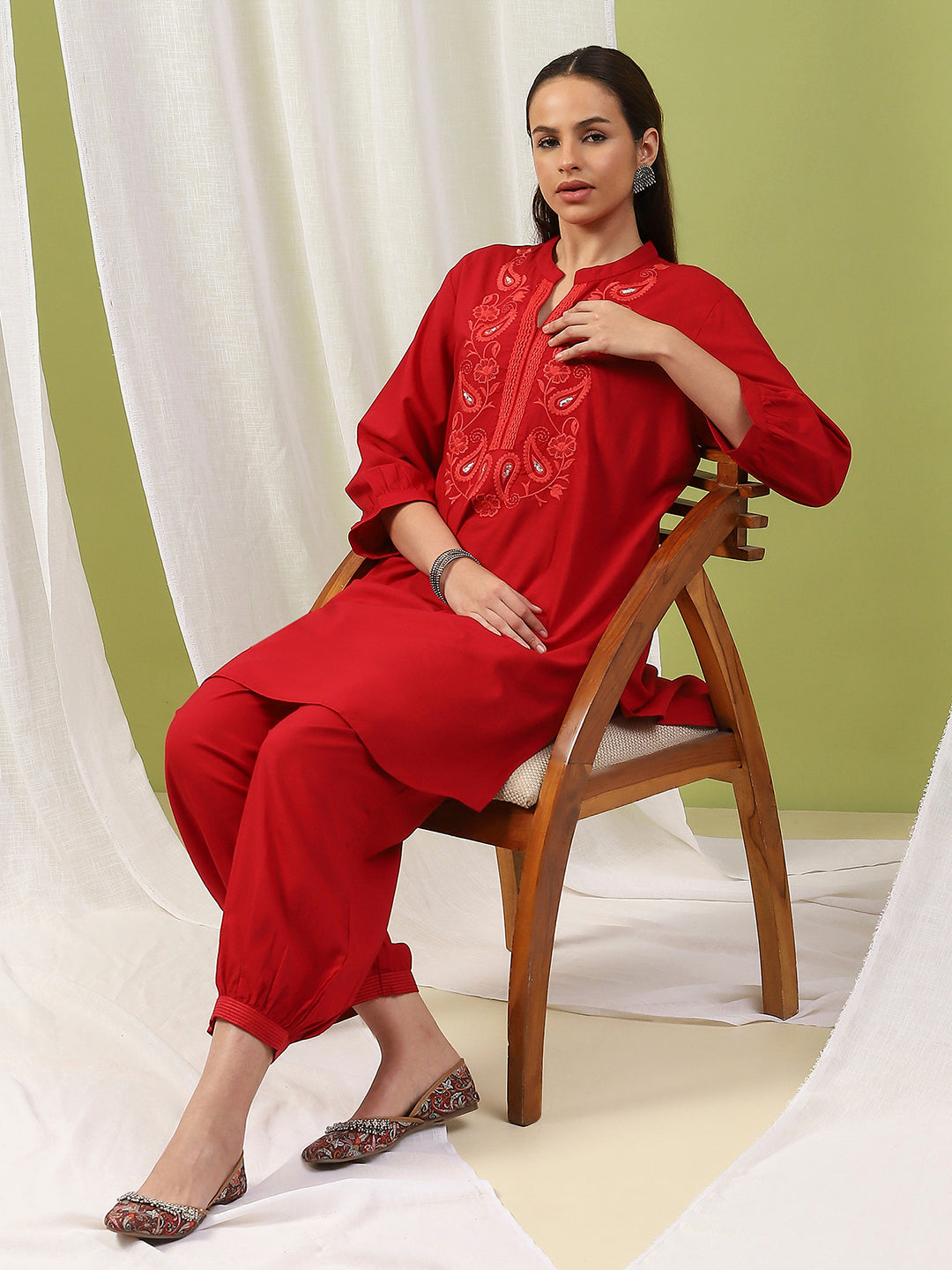 Cotton Straight Kurta Set with Paisley Embroidery &amp; Afghani Salwar