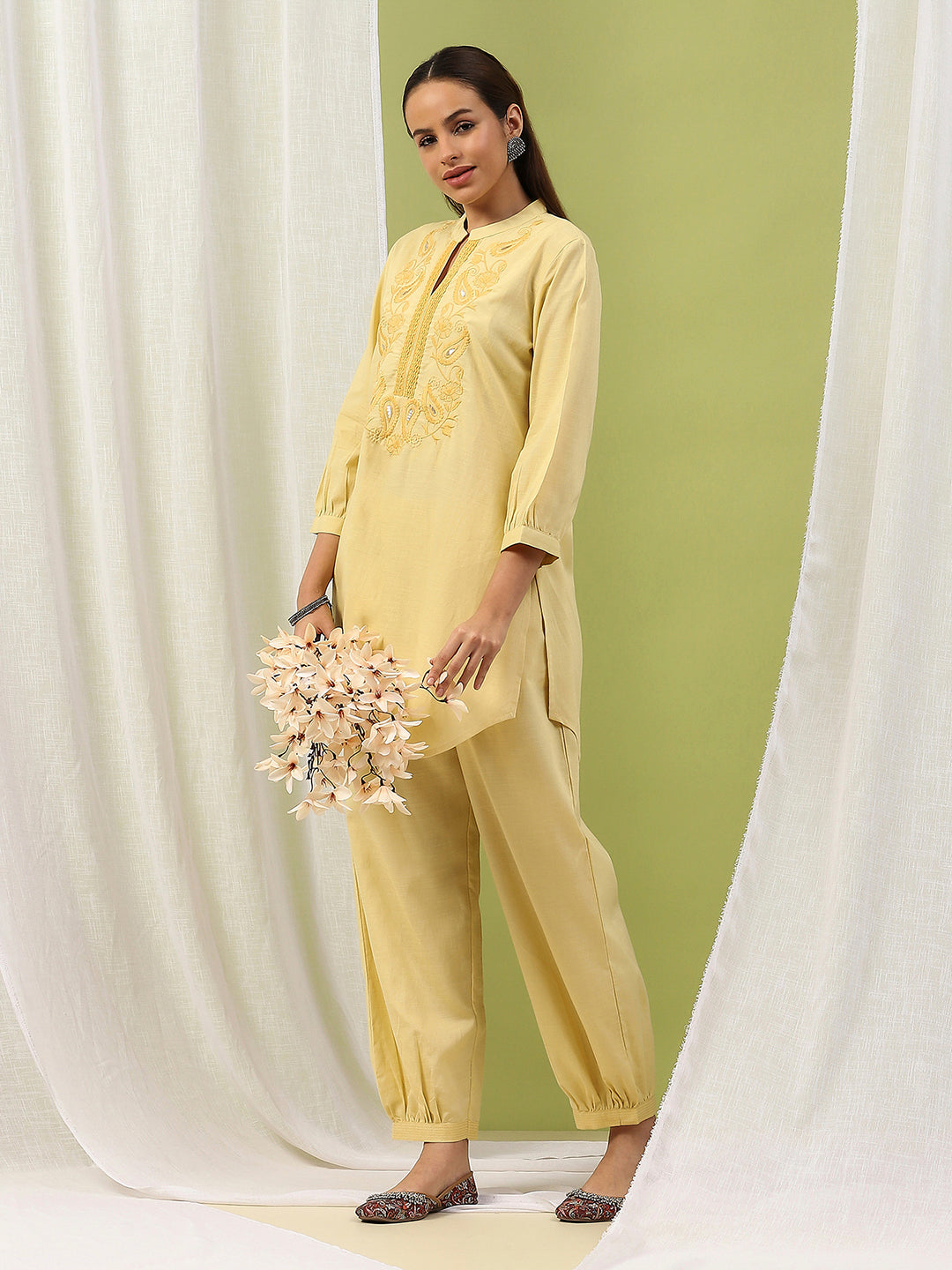 Cotton Straight Kurta Set with Paisley Embroidery &amp; Afghani Salwar