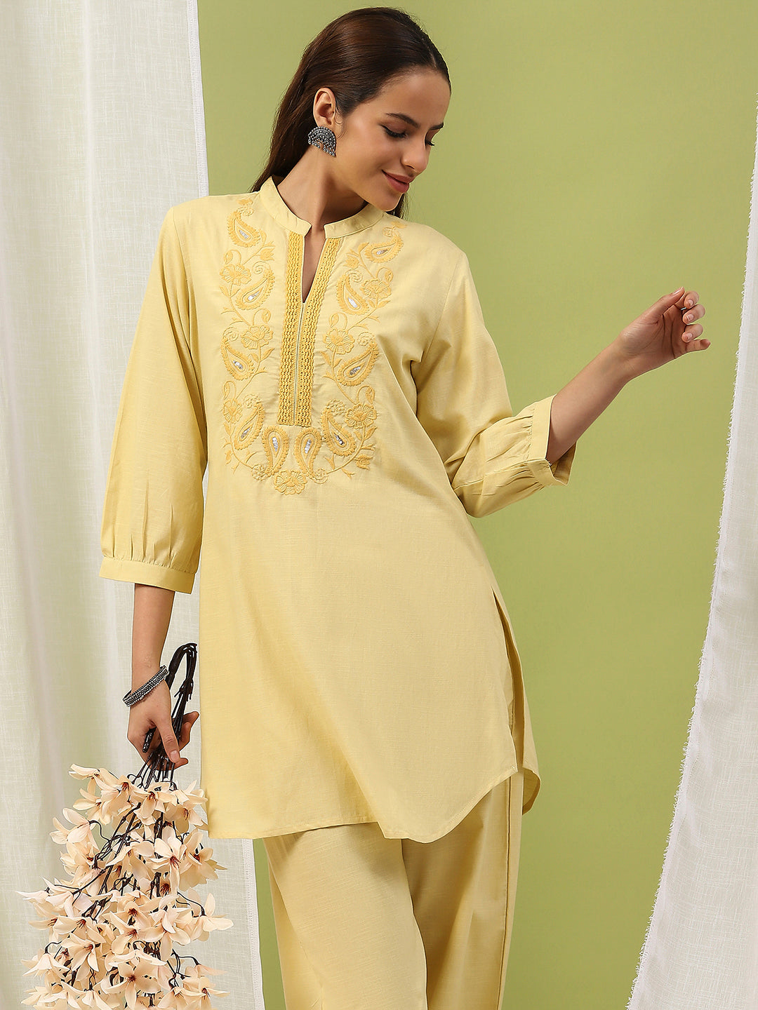 Cotton Straight Kurta Set with Paisley Embroidery &amp; Afghani Salwar