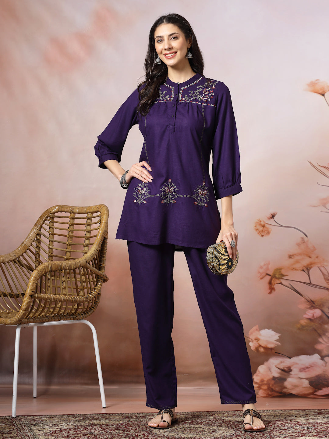 Thread Embroidered Viscose Tunic with Band Cuffs &amp; Palazzo Set