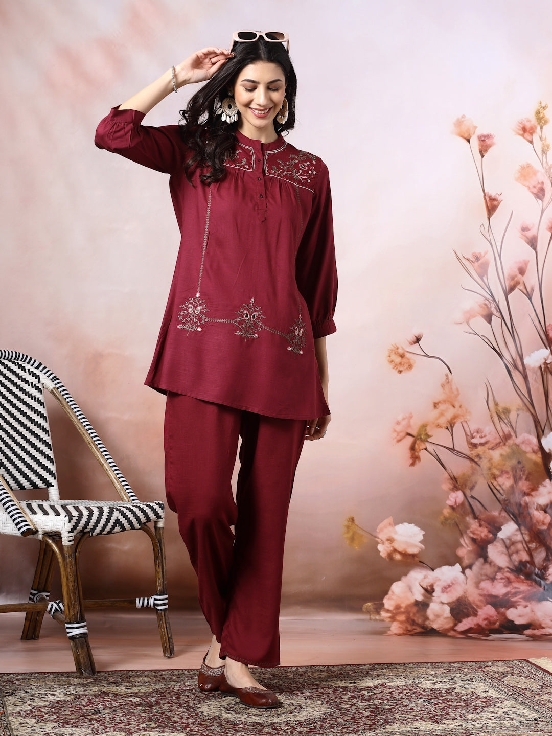 Solid A-Line Viscose Tunic Set with Thread Embroidery &amp; Embroidered Palazzo
