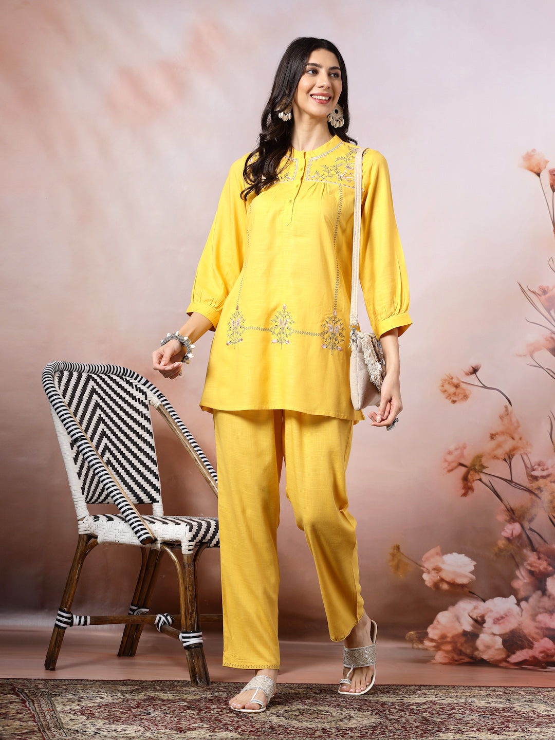 Solid A-Line Viscose Tunic Set with Thread Embroidery &amp; Embroidered Palazzo