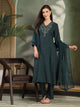 Solid Viscose Rayon A-Line Kurta Set with Zari Embroidery and Laced Dupatta