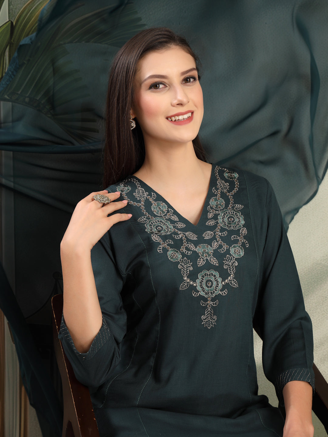 Solid Viscose Rayon A-Line Kurta Set with Zari Embroidery and Laced Dupatta