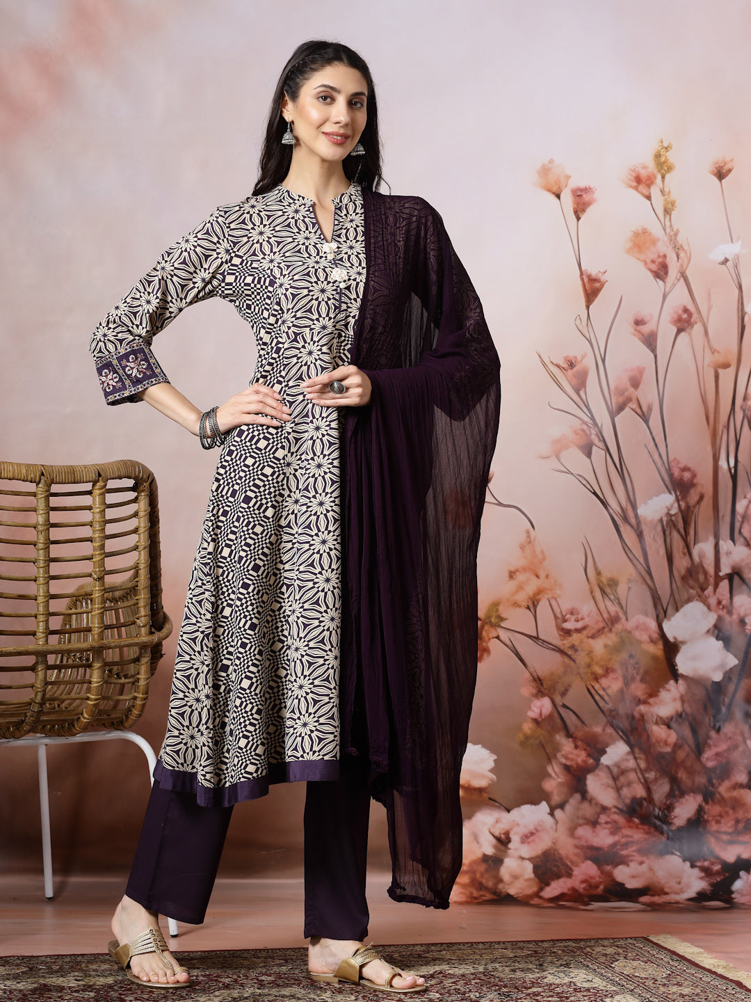 Floral Rayon Kurta Set with Crochet Detail, Embroidered Sleeves &amp; Lace Dupatta