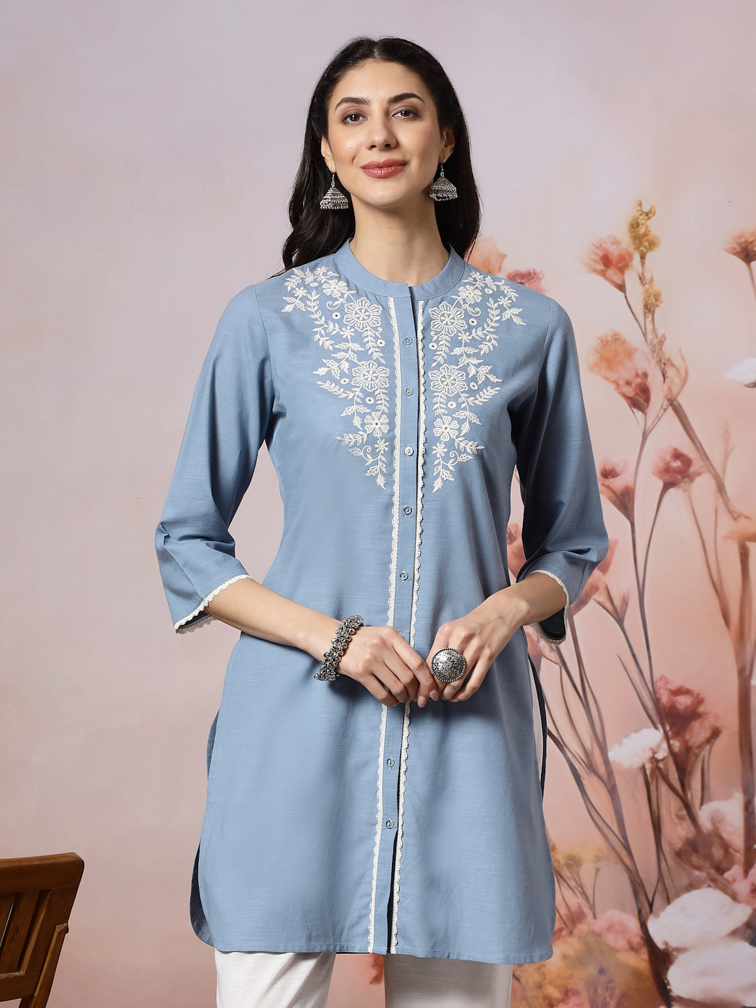 Solid Straight Cotton Blend Kurta Set with Ethnic Embroidery &amp; Lace Detail