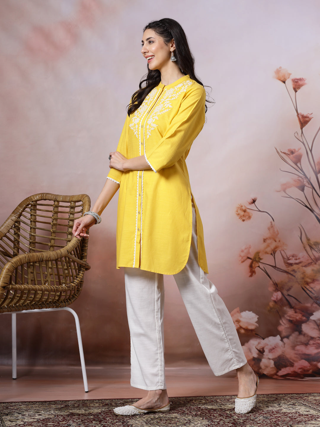 Mandarin Collar Embroidered Kurta Set with Lace Sleeves &amp; Pocketed Palazzo