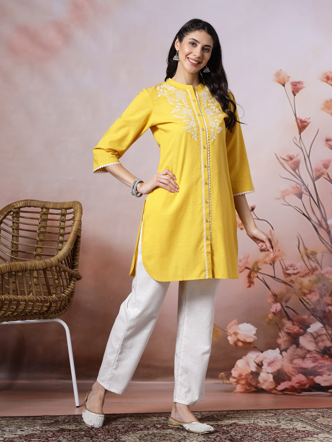 Mandarin Collar Embroidered Kurta Set with Lace Sleeves &amp; Pocketed Palazzo