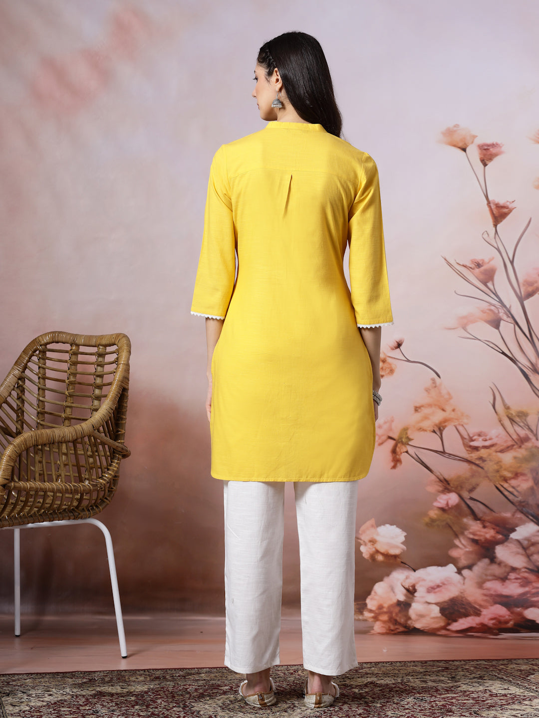 Mandarin Collar Embroidered Kurta Set with Lace Sleeves &amp; Pocketed Palazzo