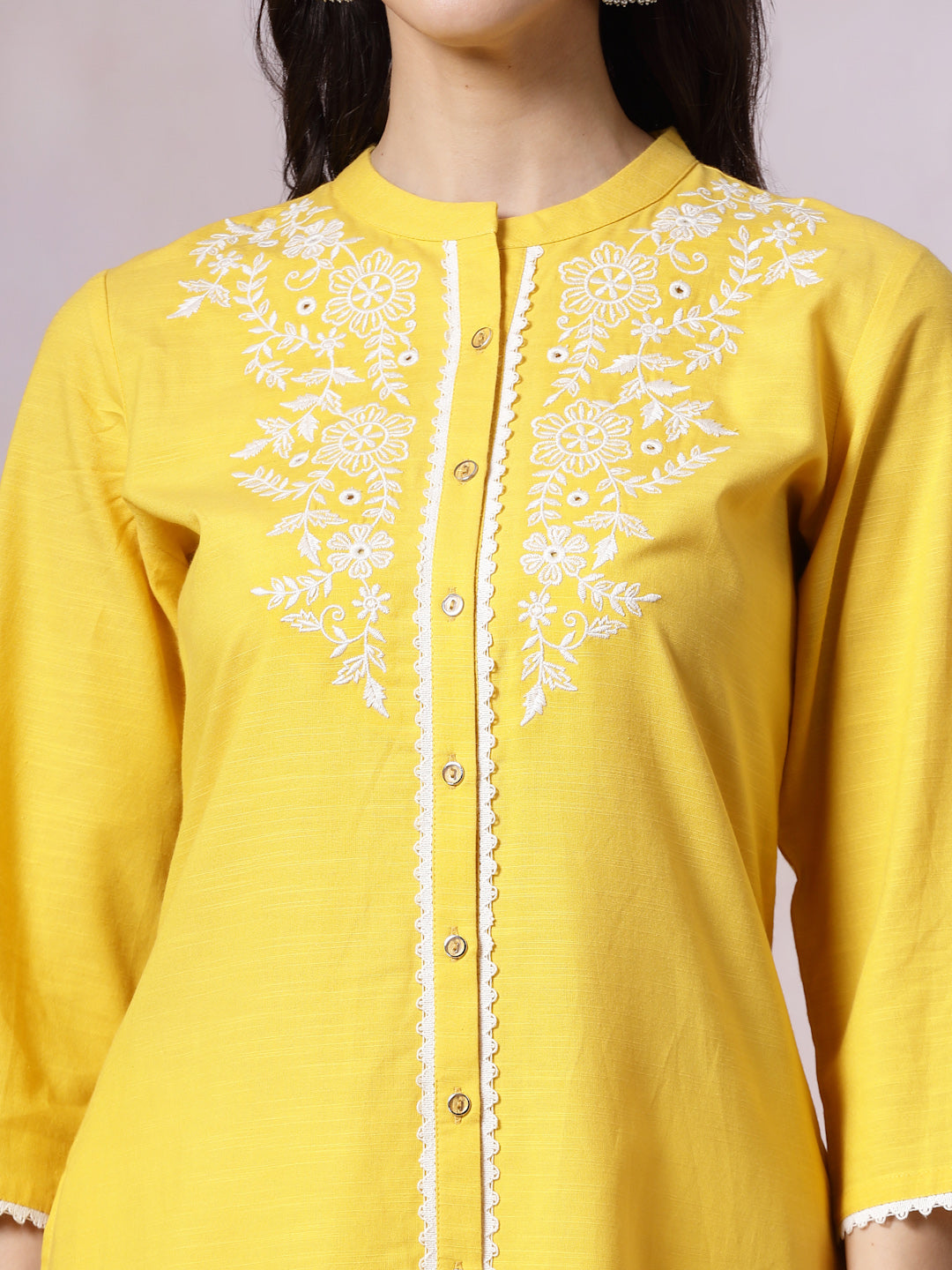 Mandarin Collar Embroidered Kurta Set with Lace Sleeves &amp; Pocketed Palazzo