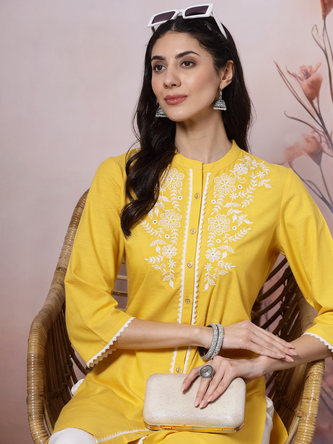 Mandarin Collar Embroidered Kurta Set with Lace Sleeves &amp; Pocketed Palazzo