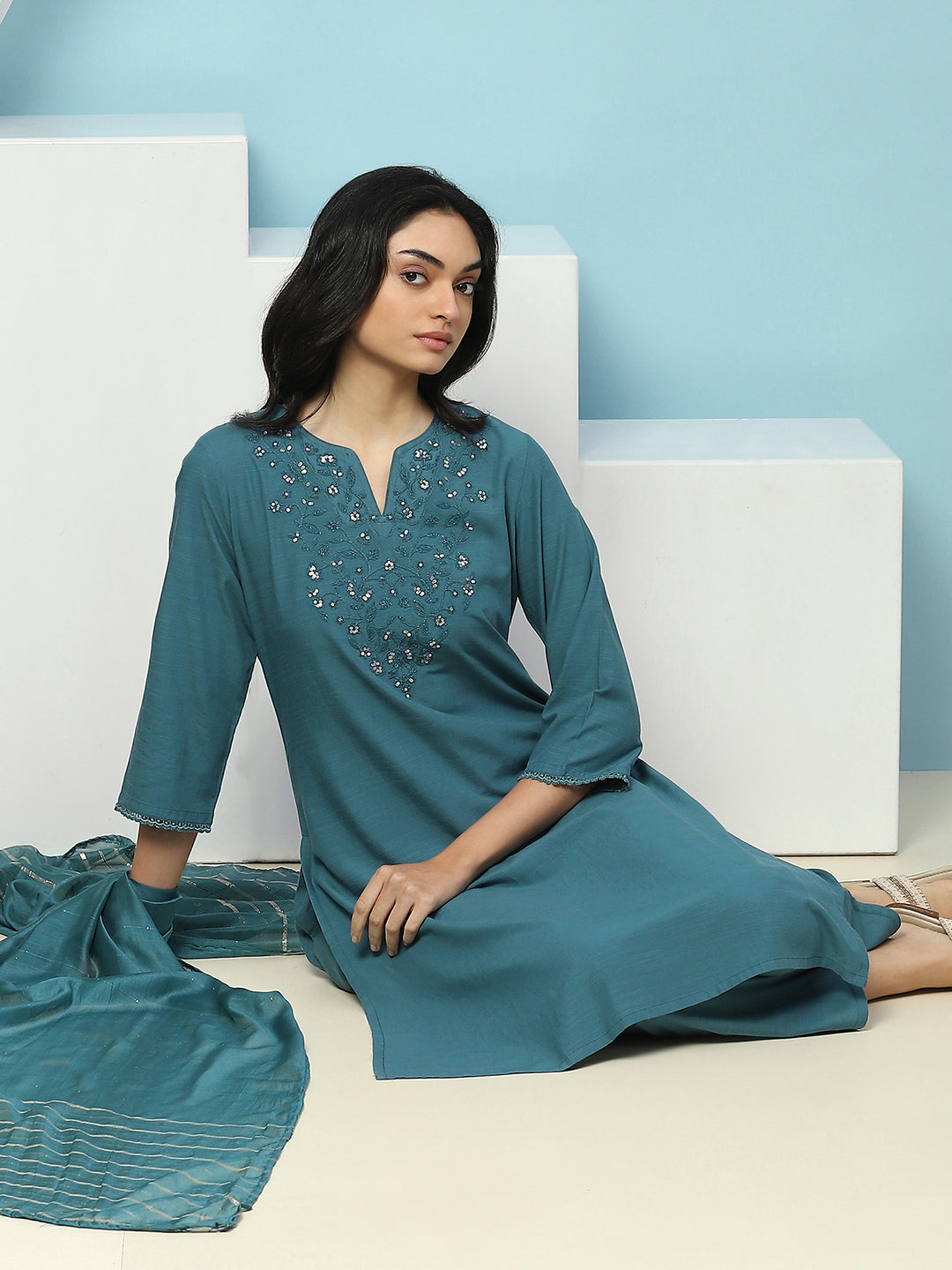 Embroidered Cotton Kurta Set with Lace Sleeves &amp; Zari Dupatta