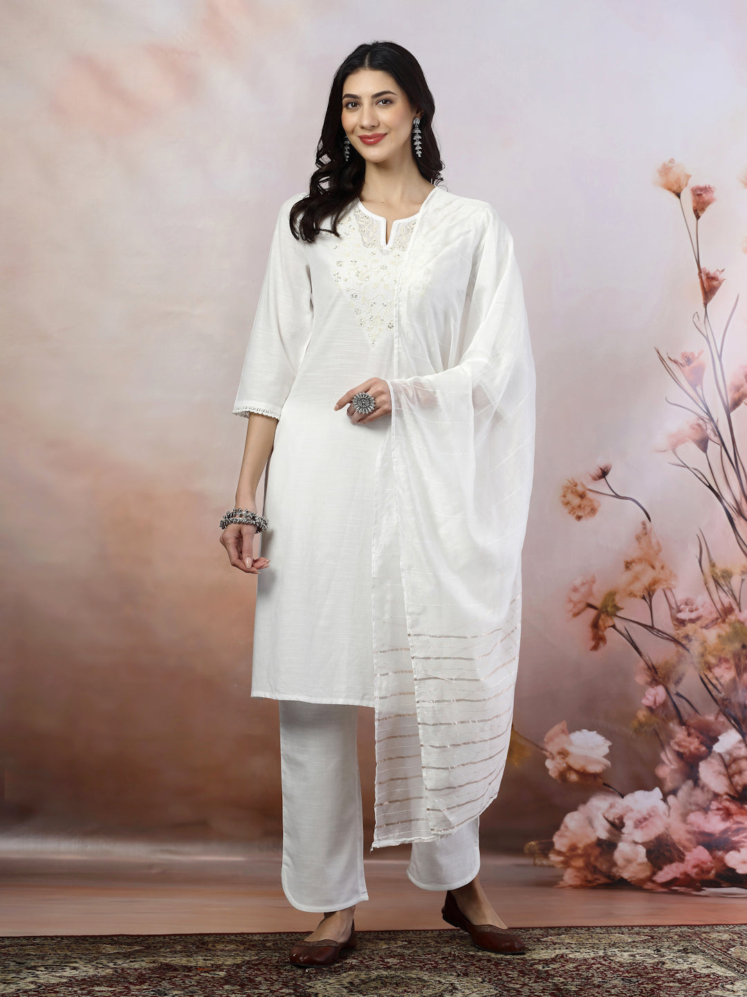 Embroidered Cotton Kurta Set with Lace Sleeves &amp; Zari Dupatta