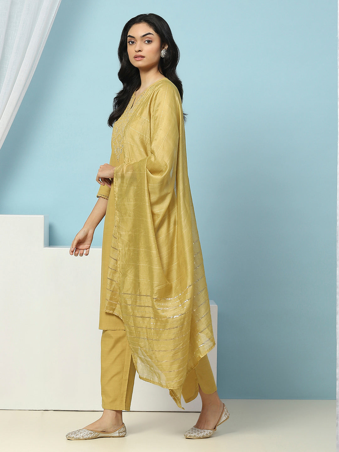 Solid Straight Cotton Kurta Set with Thread Embroidery &amp; Zari Dupatta