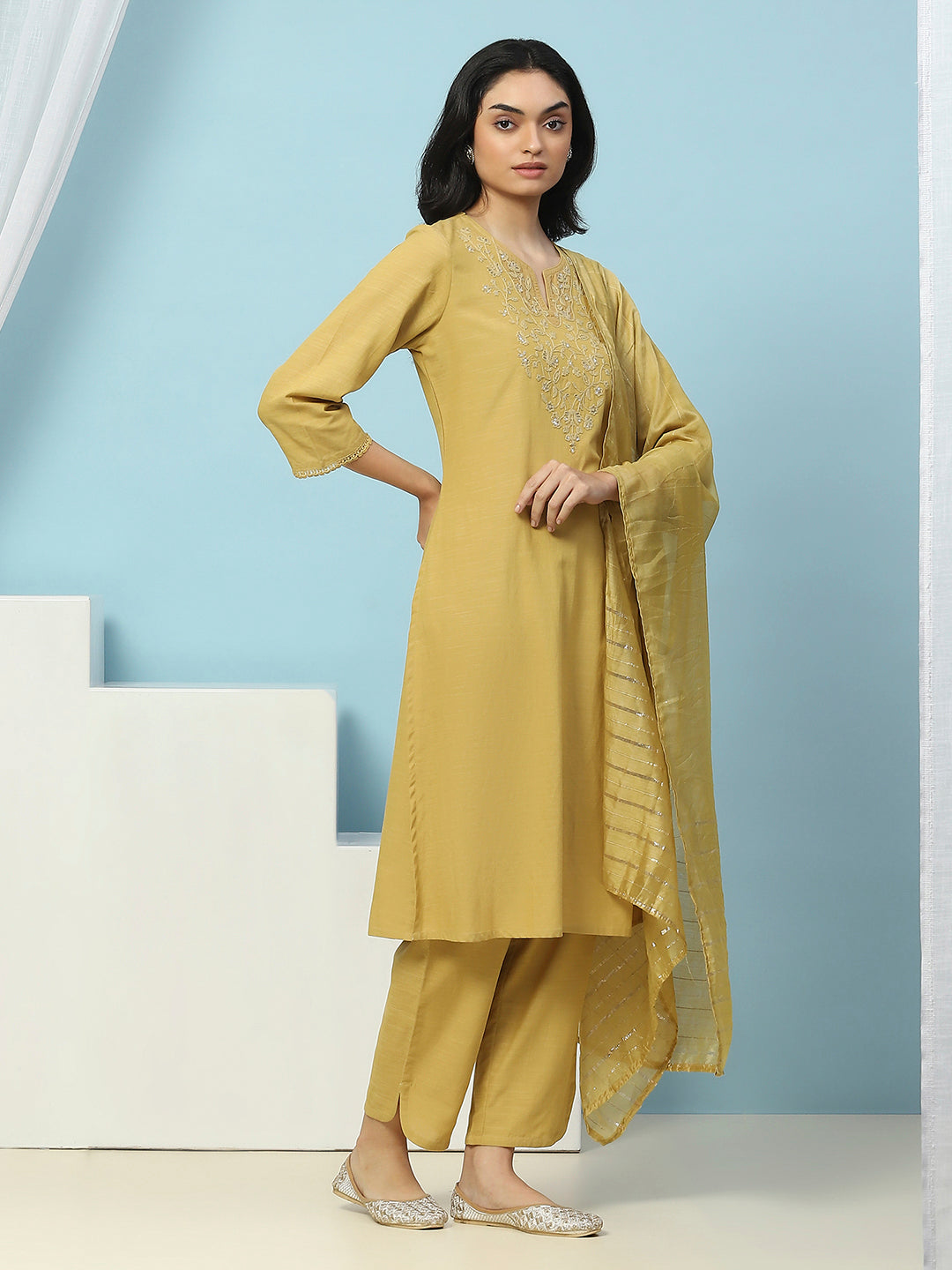 Solid Straight Cotton Kurta Set with Thread Embroidery &amp; Zari Dupatta