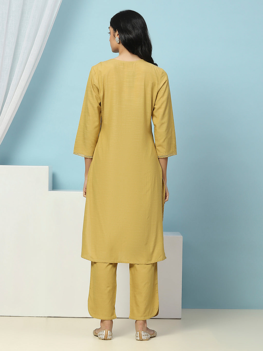 Solid Straight Cotton Kurta Set with Thread Embroidery &amp; Zari Dupatta