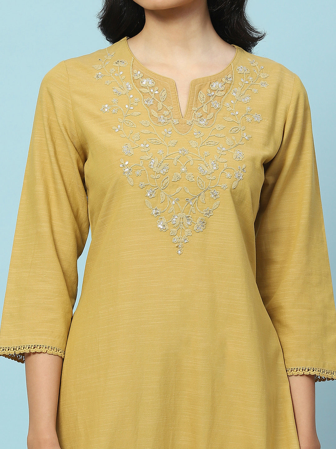 Solid Straight Cotton Kurta Set with Thread Embroidery &amp; Zari Dupatta
